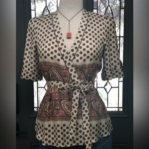 BCBGMaxAzria 100% Silk Polka Dot and Paisley Print Wrap Blouse